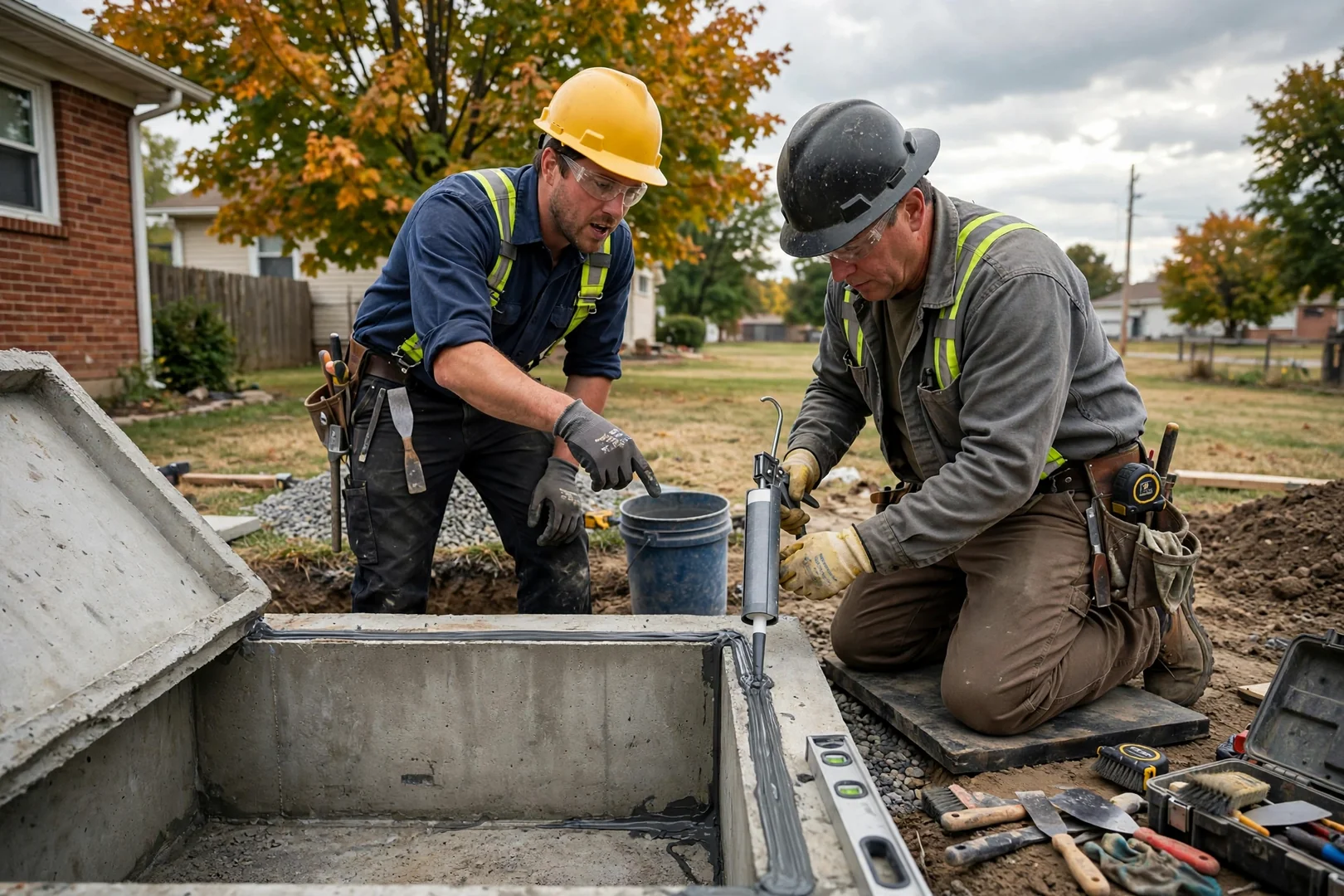 Technician measuring a garage slab before installing a steel above-ground storm shelter in Topeka