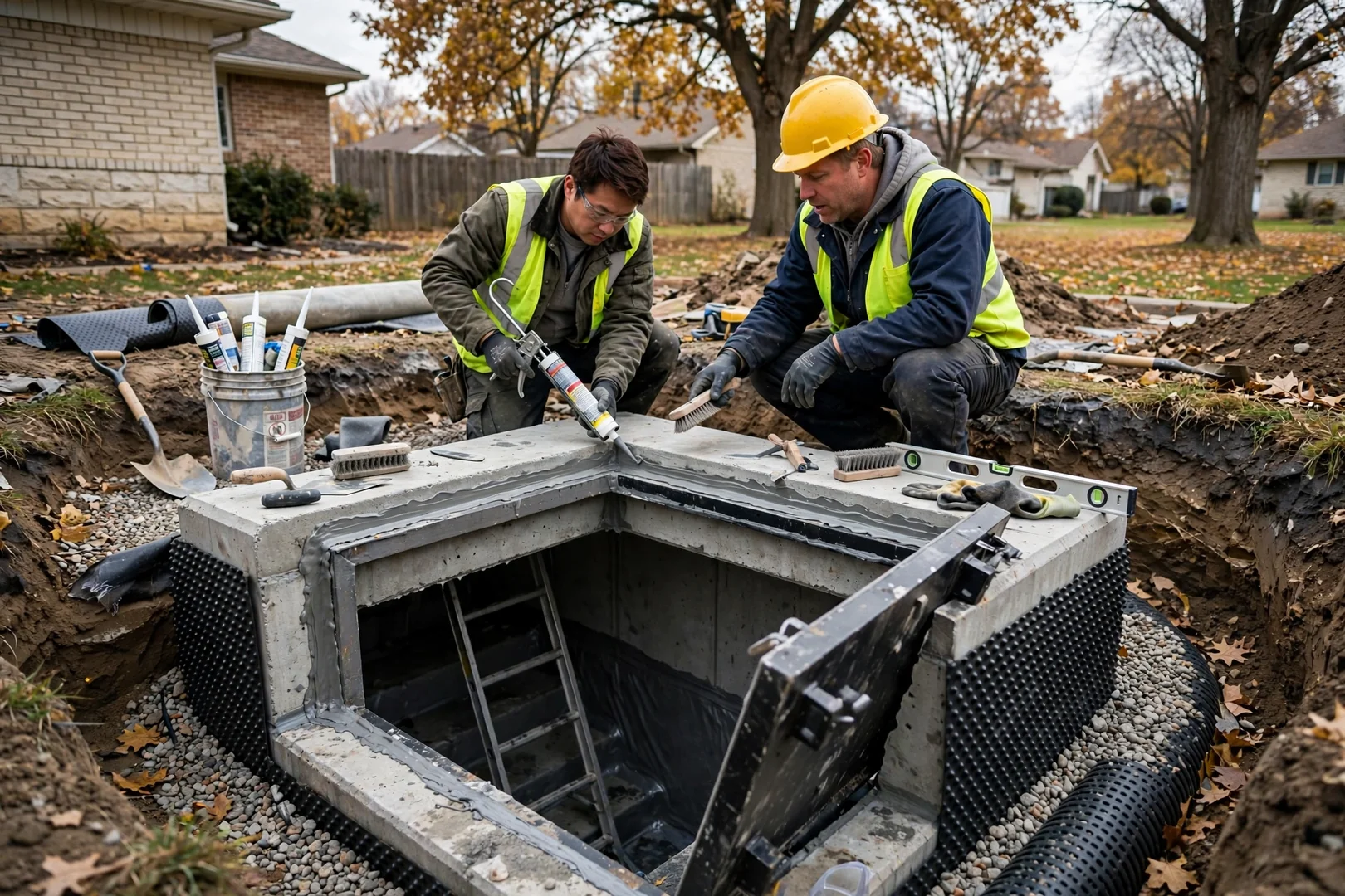 Steel above-ground storm shelter anchored to a garage floor slab in Topeka home