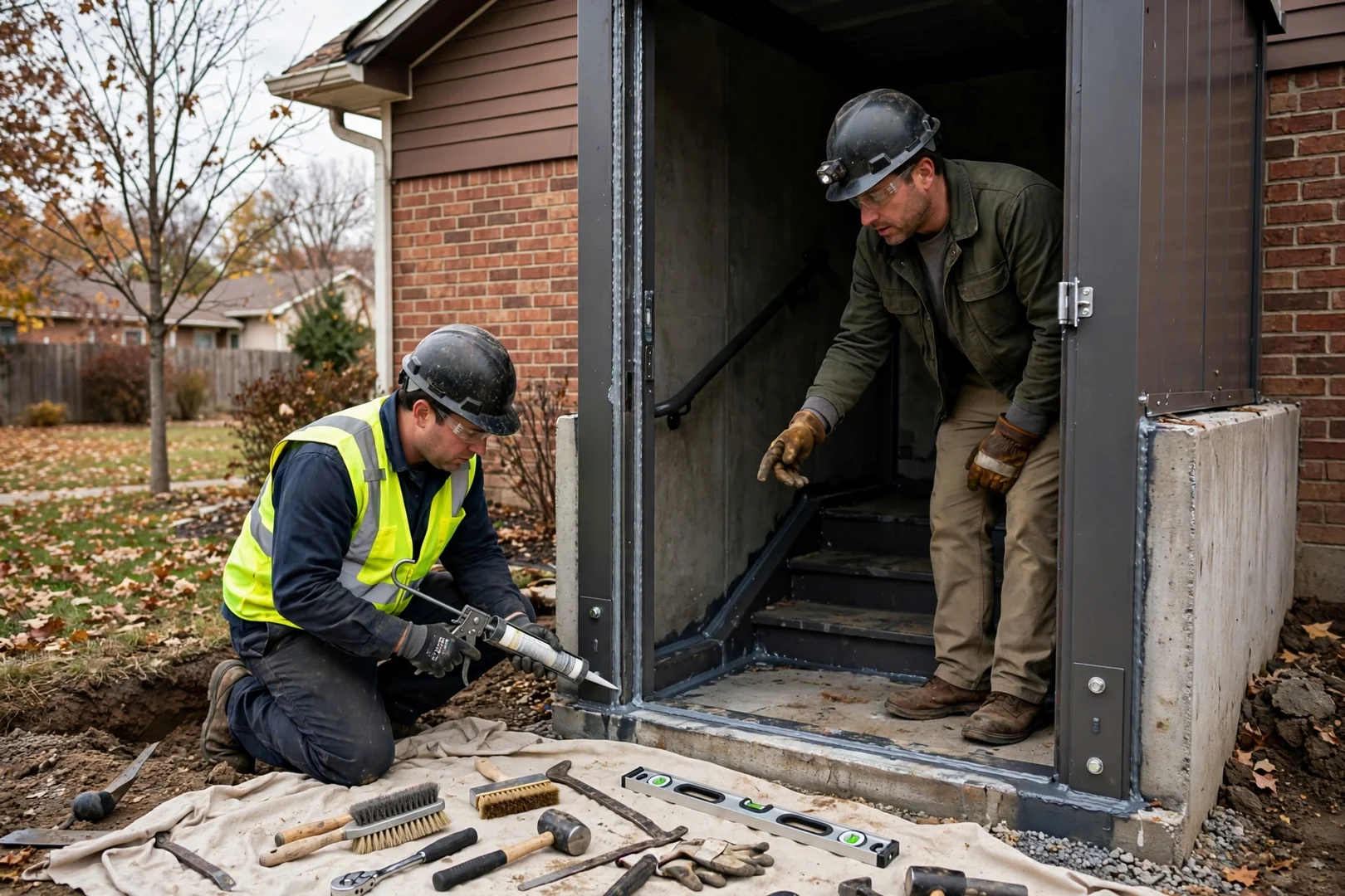Technician inspecting steel safe room anchors in a Topeka garage
