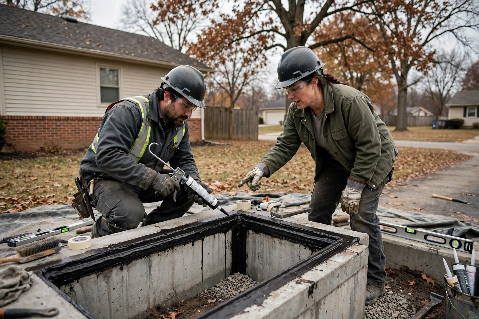 Steel above-ground storm shelter anchored to a garage slab in Topeka