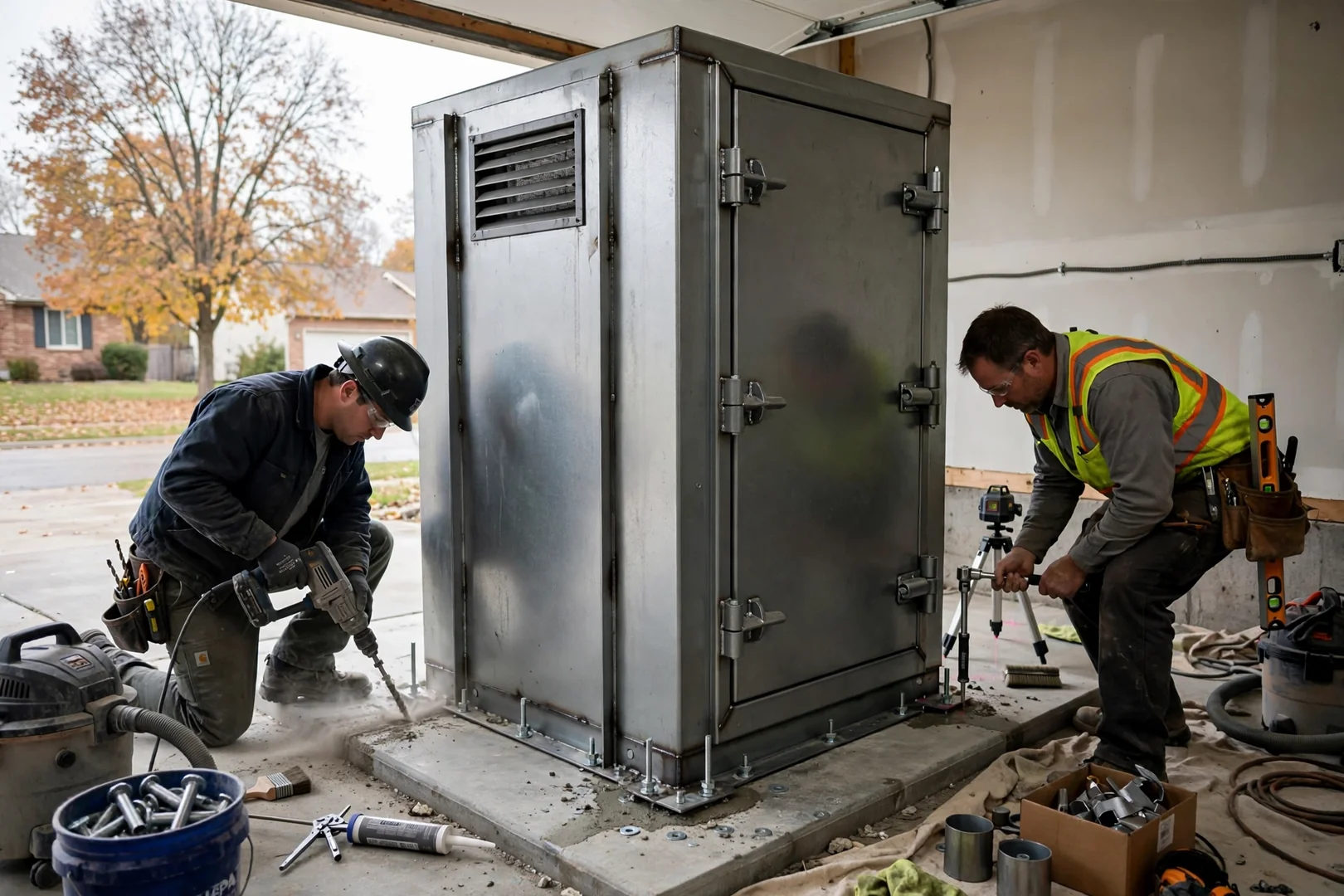 Steel above-ground safe room anchored to a garage slab in Topeka