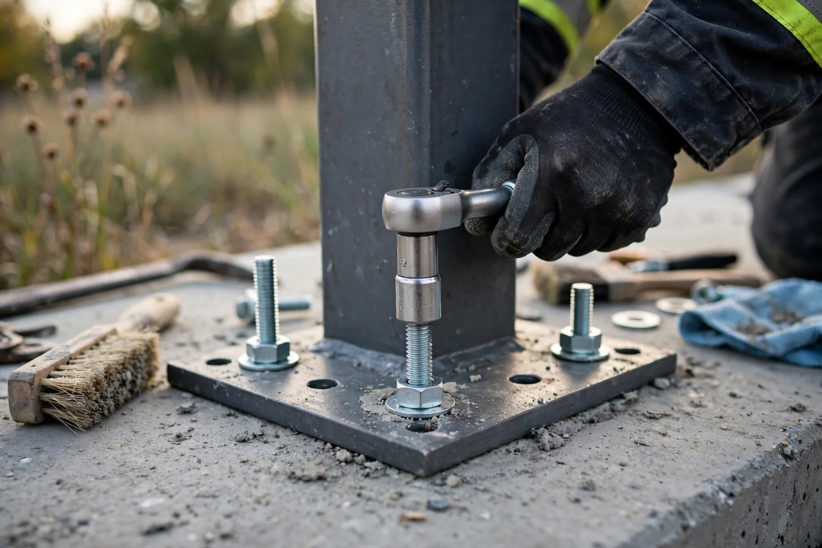 Close-up of wedge anchor bolts securing a steel shelter base plate to concrete