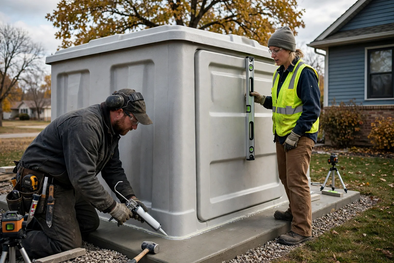 Fiberglass storm shelter unit set on a leveled pad beside a Kansas home