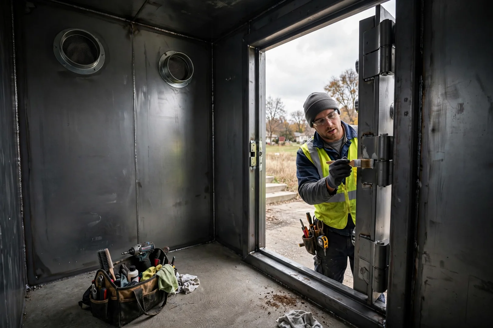Interior view of a steel safe room with ventilation ports and reinforced door hinges