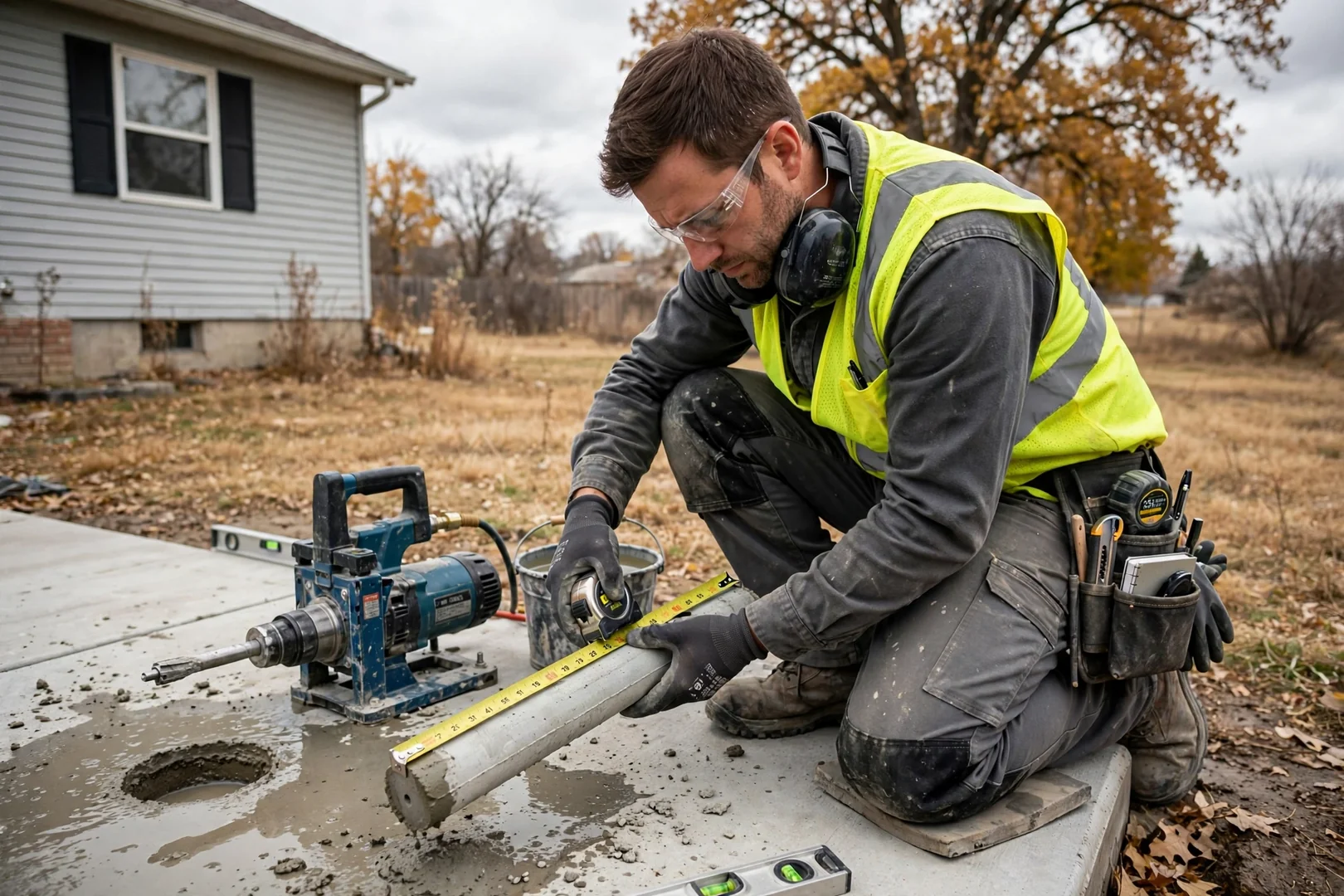 Installer checking slab thickness with a core drill before shelter placement