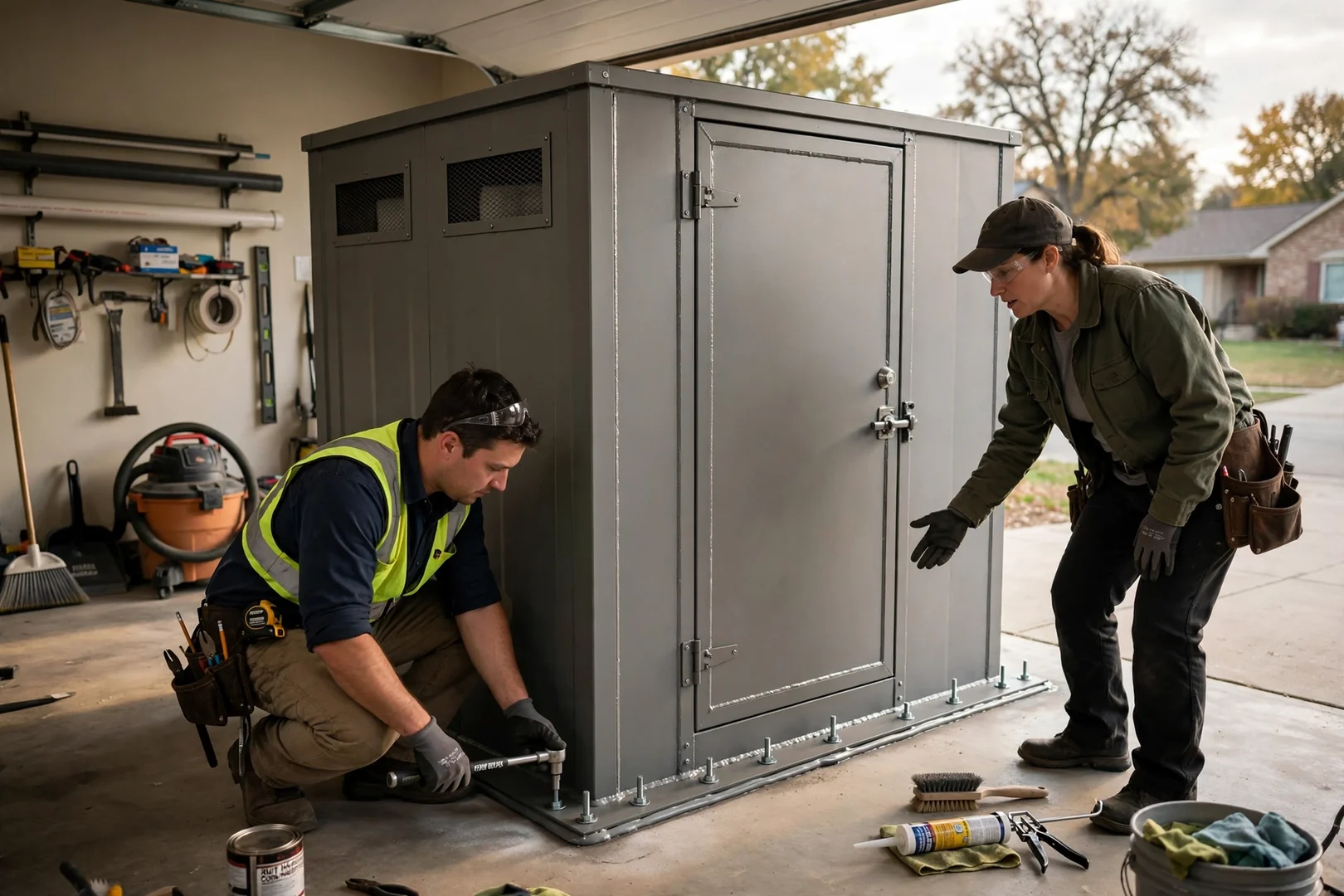 Finished above-ground steel shelter installed inside a residential garage bay