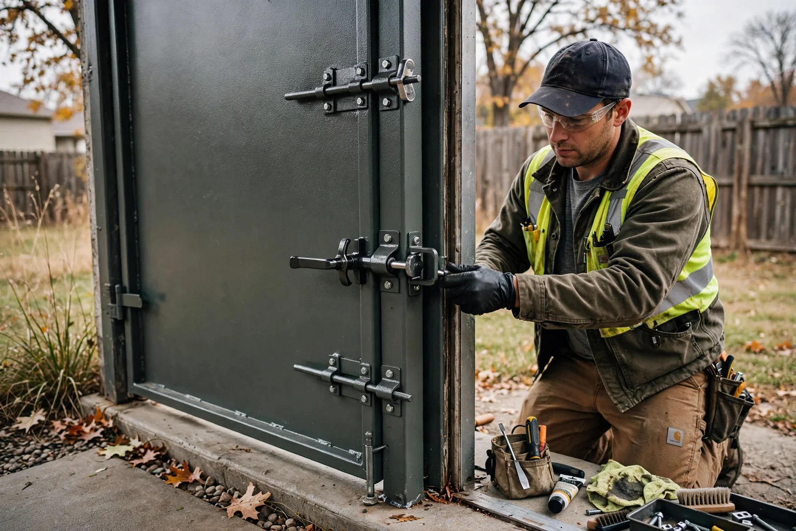 Powder-coated steel shelter door with multi-point latch hardware closed and secured