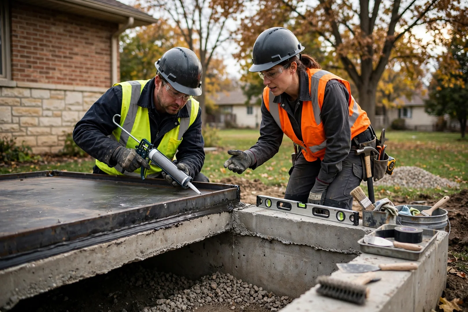 Precast concrete storm shelter hatch installed beside a Topeka home
