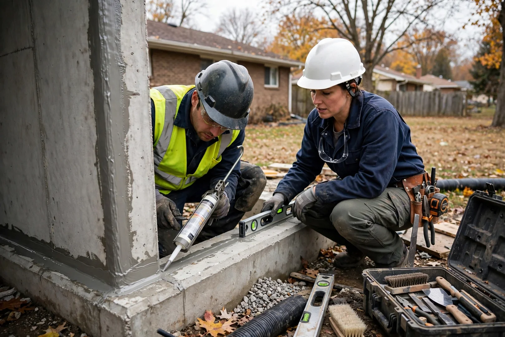 Crane lowering precast concrete storm shelter into an excavated Topeka yard