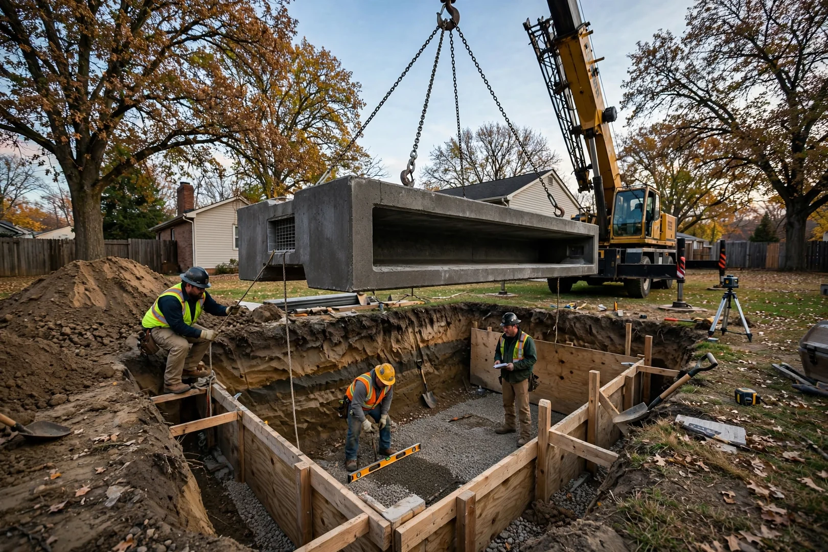 Crane lowering a precast concrete storm shelter into an excavated backyard site in Topeka