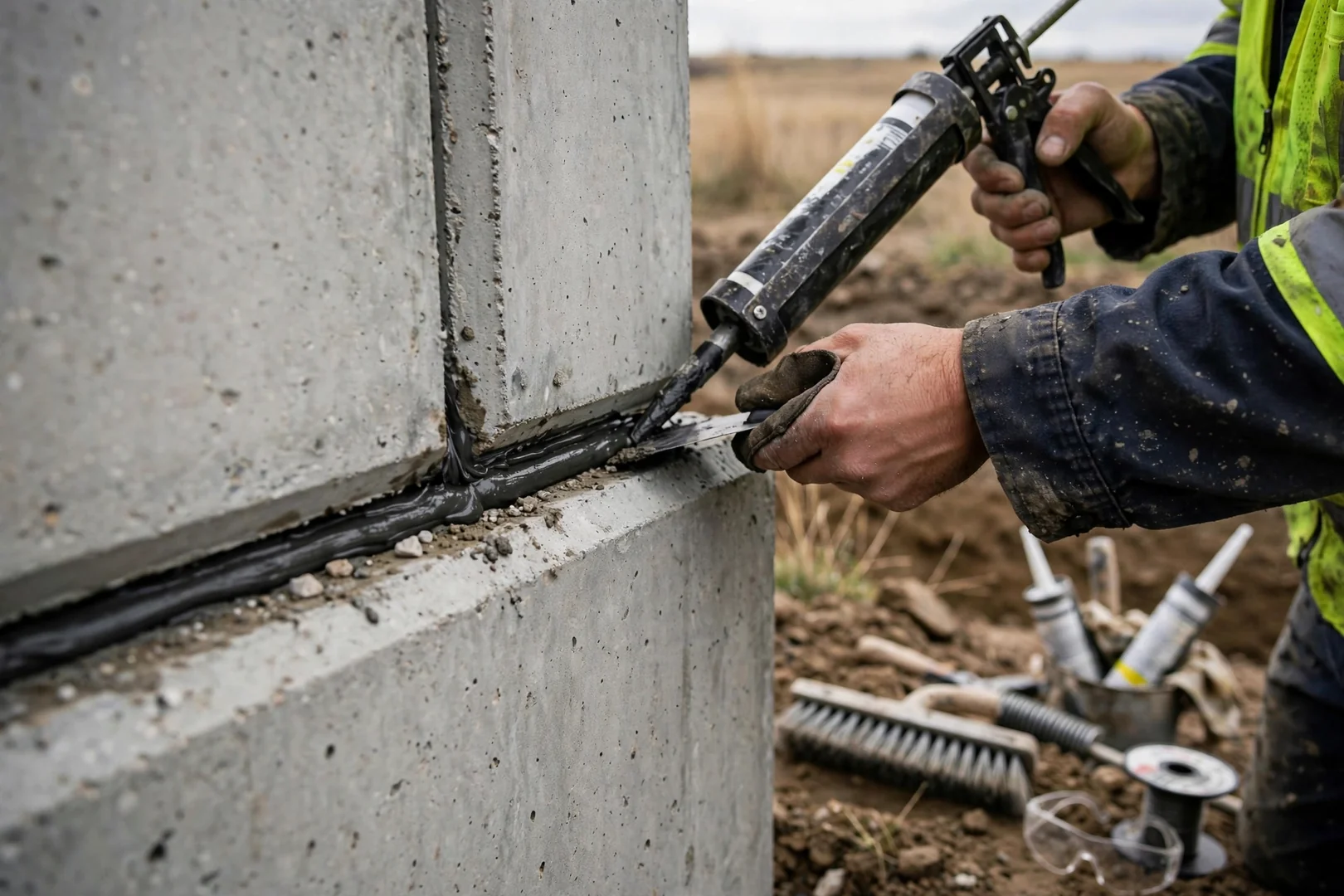 Close-up of sealed joint on a reinforced precast concrete shelter before backfill