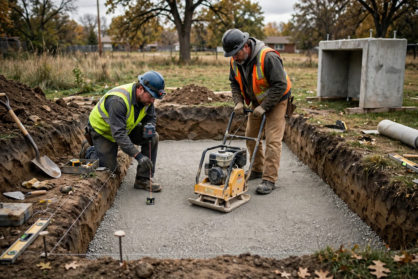 Compacted gravel base prepared in an excavation for a precast shelter placement