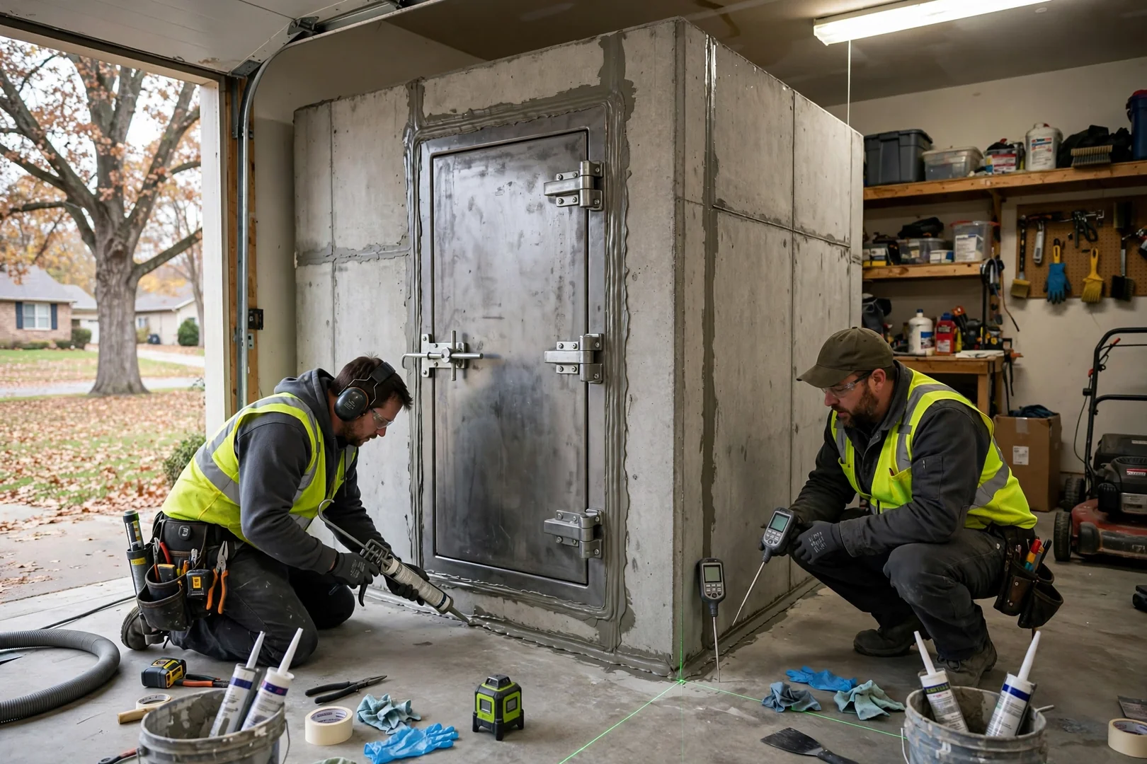 Garage floor precast concrete safe room with steel door installed in a Topeka home