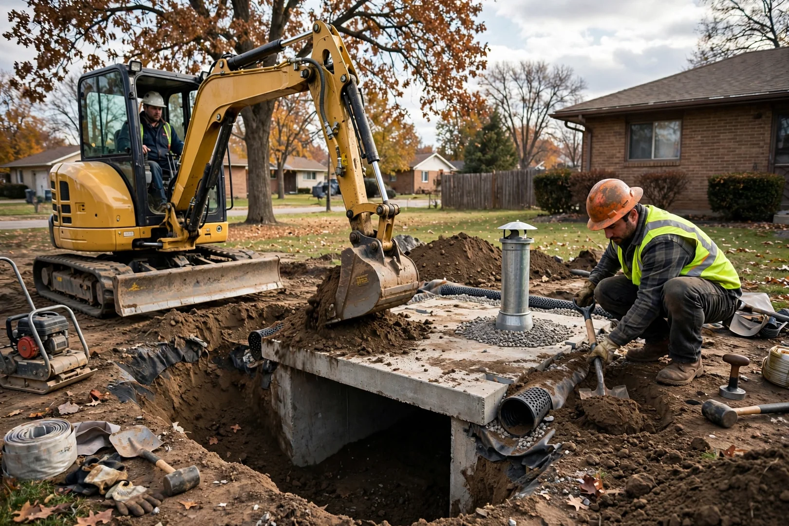 Excavator backfilling around a buried concrete storm shelter on a residential lot