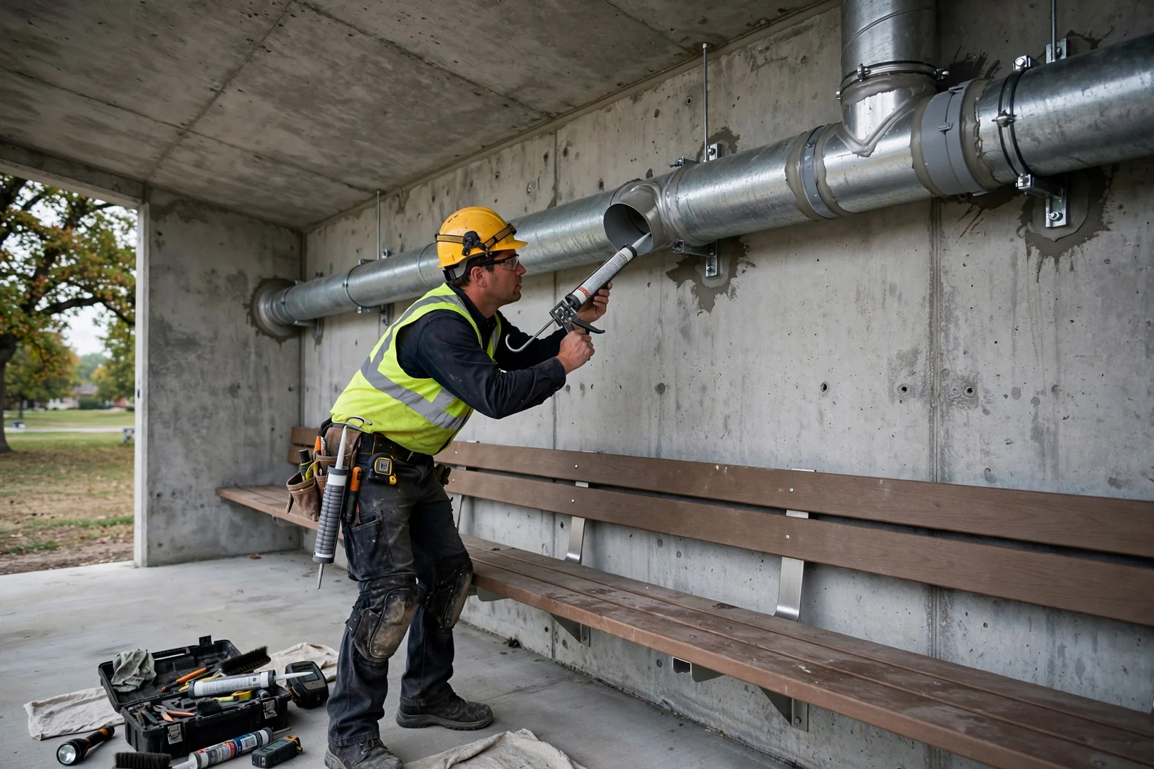 Interior of a completed precast concrete shelter showing ventilation pipe and bench seating