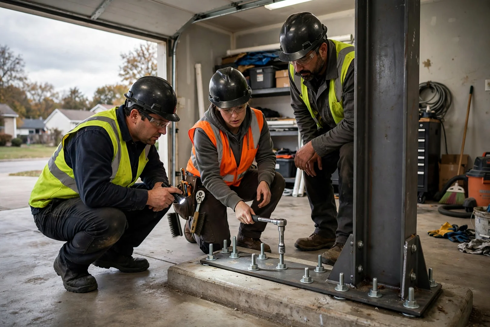 Installation crew inspecting anchor bolts on a steel storm shelter in a garage