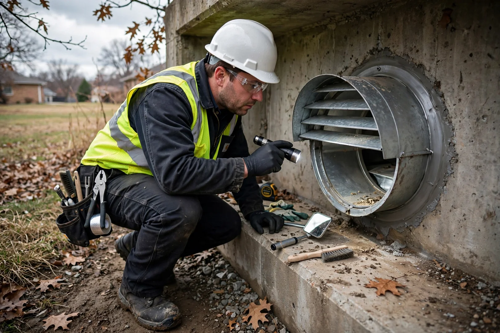Technician checking ventilation port on an underground storm shelter during final inspection