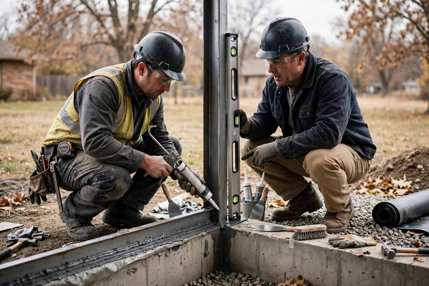 Installer checking anchor bolts on a garage storm shelter in Topeka