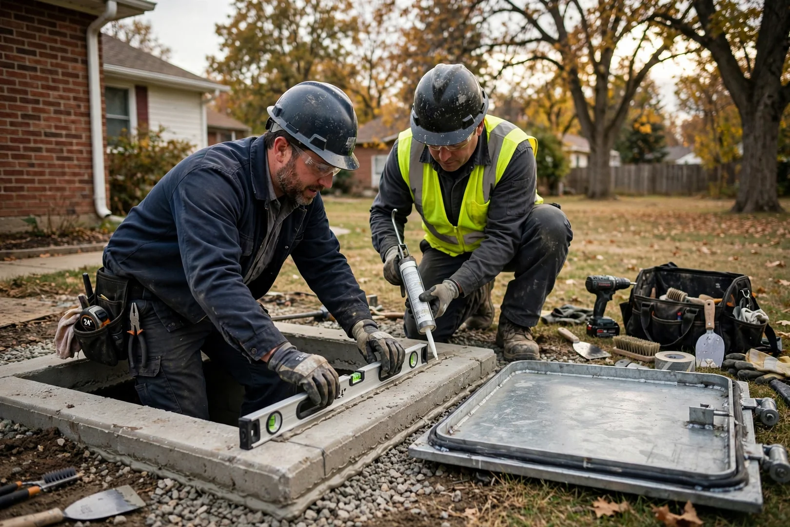 Crew anchoring a steel above-ground storm shelter inside a Topeka garage