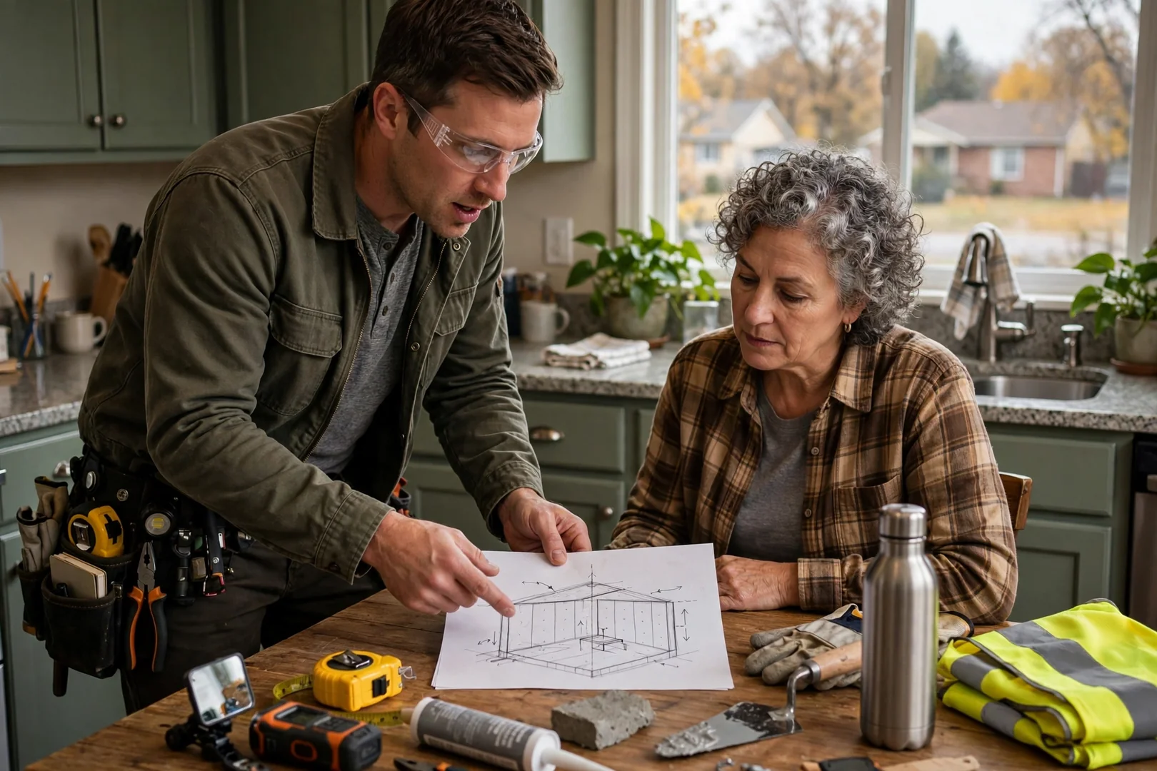 Technician reviewing a written storm shelter estimate with a homeowner at a Topeka kitchen table