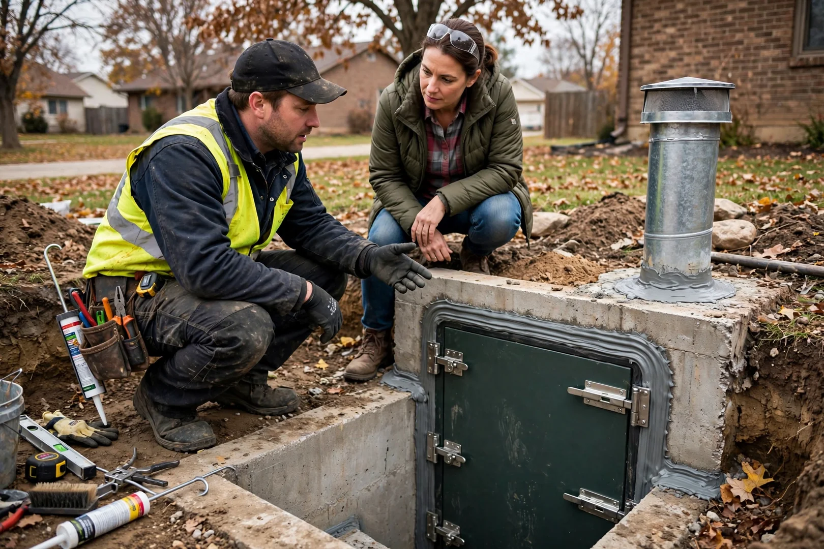 Installer showing a homeowner the sealed door and vent on a new underground storm shelter