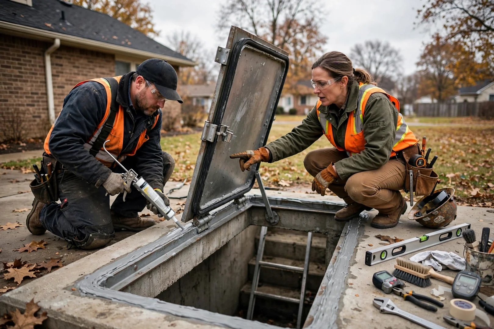 Installed underground storm shelter hatch in a Topeka yard