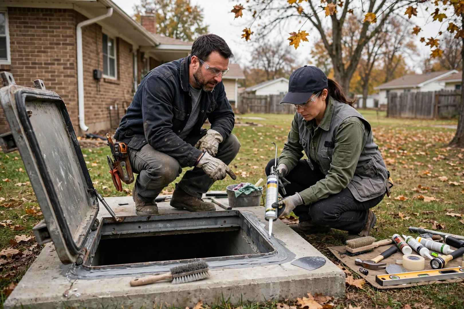 Technician reviewing a storm shelter estimate with a Topeka homeowner
