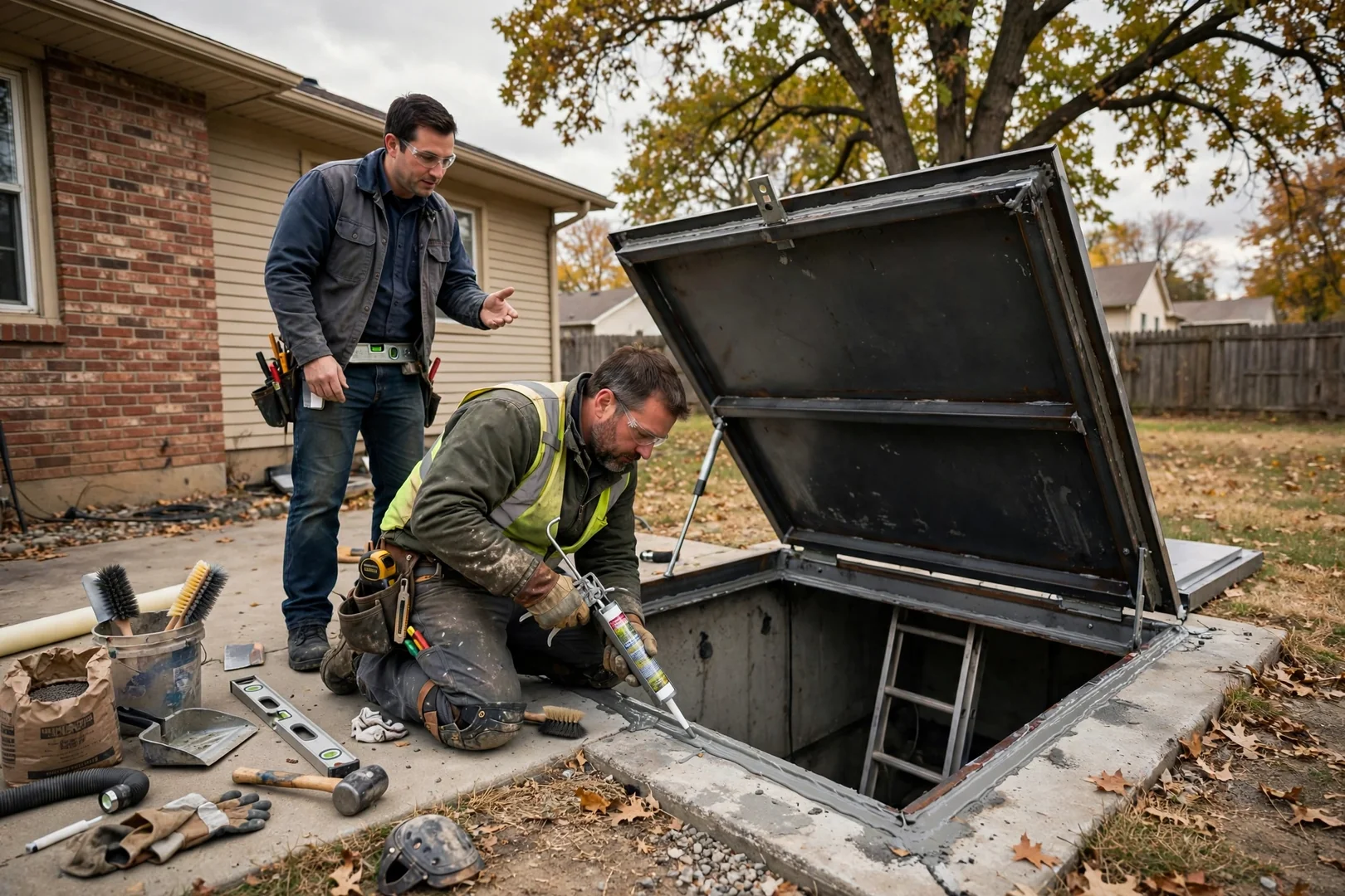 Technician inspecting an underground storm shelter door in Topeka
