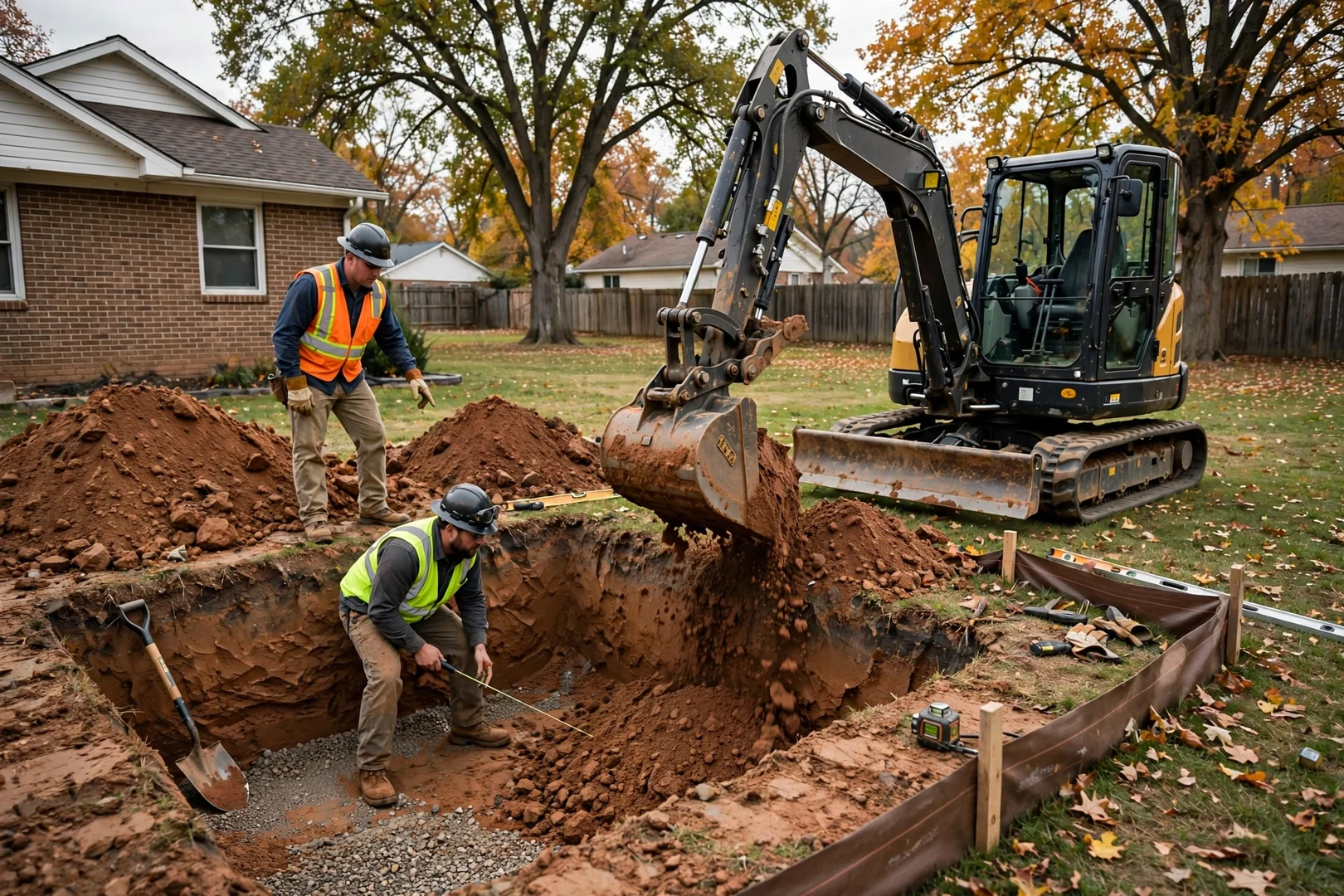Excavator digging a shelter pit in a Topeka backyard with clay soil exposed