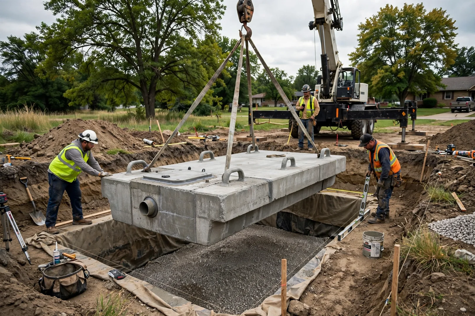Precast concrete storm shelter being lowered into an excavated pit by crane
