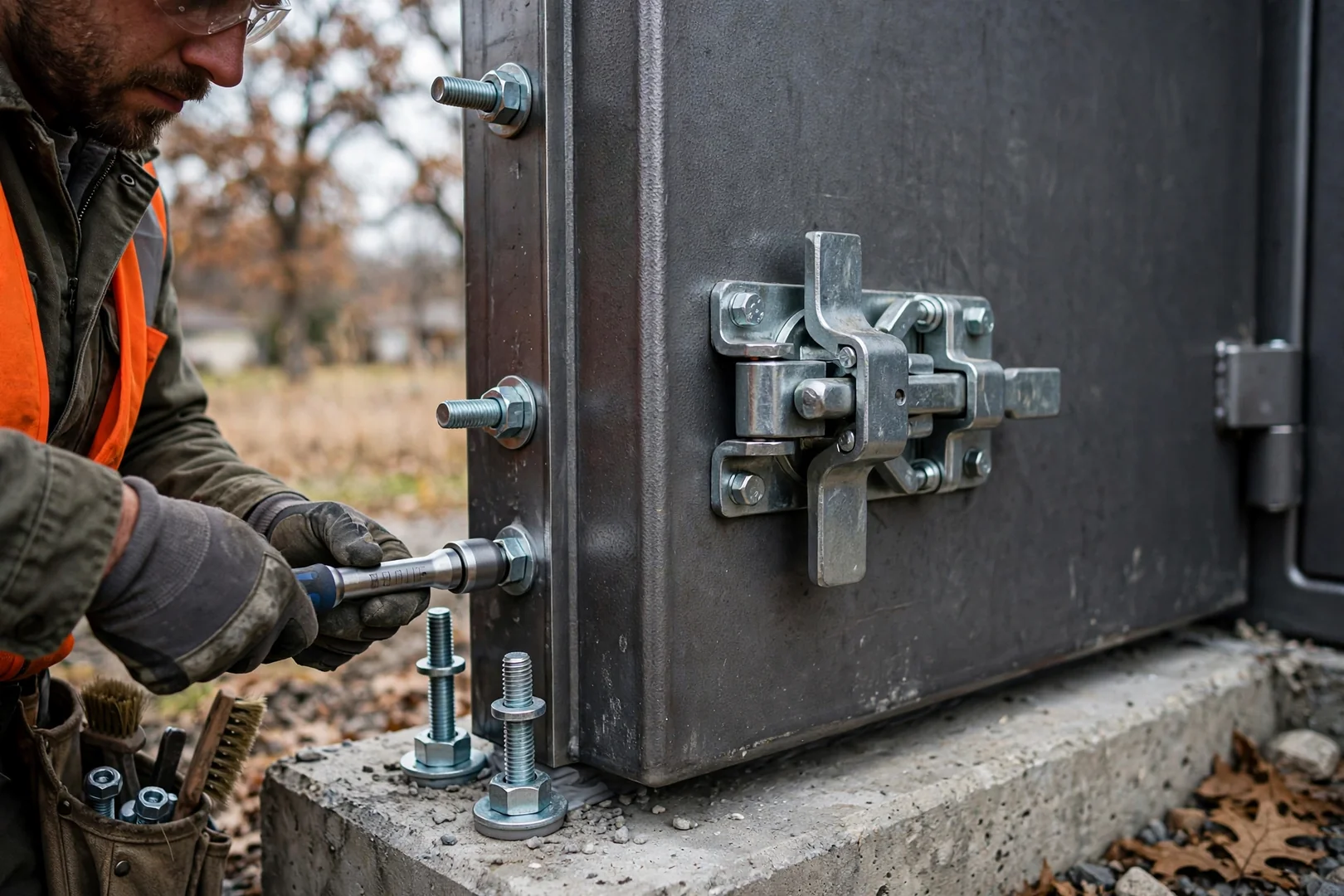 Close-up of steel safe room door with heavy-duty latch and anchor bolts
