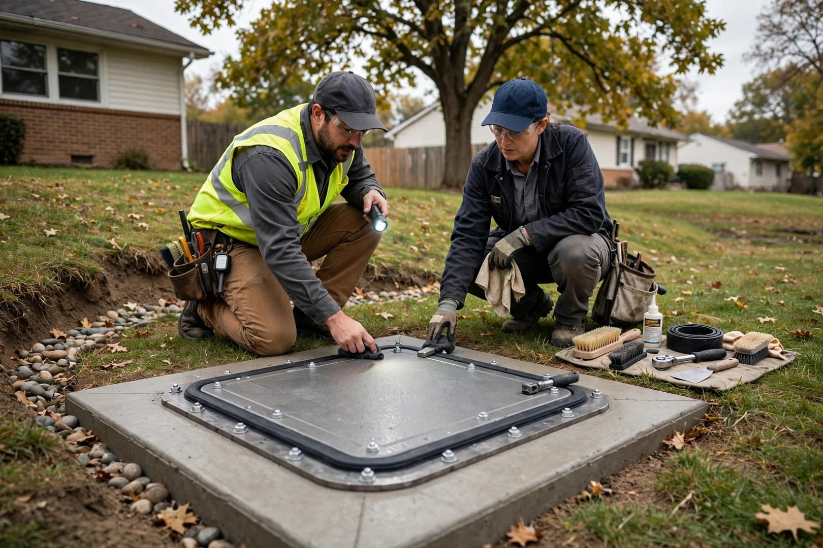 Finished underground storm shelter hatch set flush in a graded residential yard