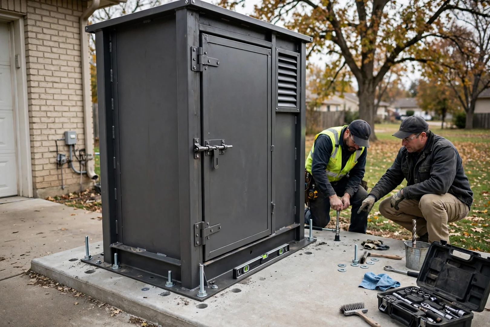 Above-ground steel storm shelter anchored to a concrete garage slab in Topeka