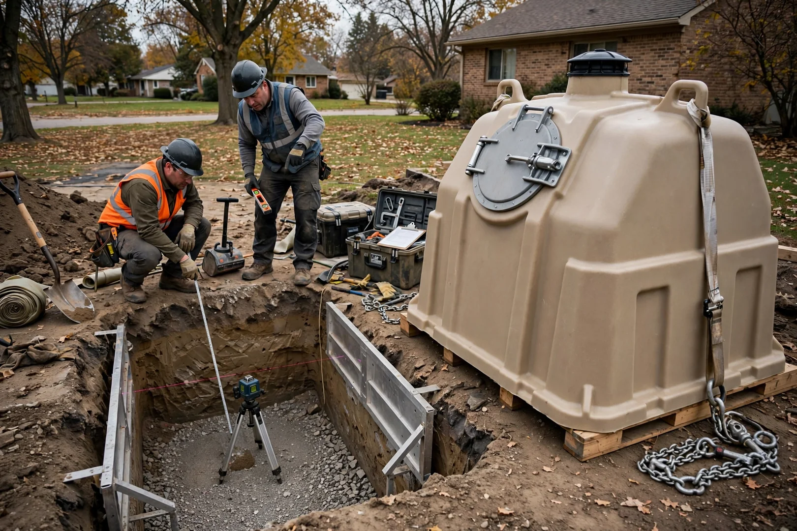 Fiberglass storm shelter unit staged beside an open excavation before installation