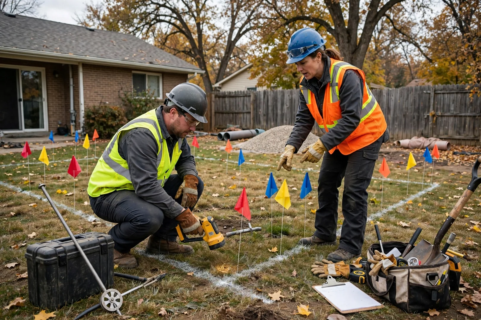 Backyard site in Topeka marked with utility flags before shelter excavation begins