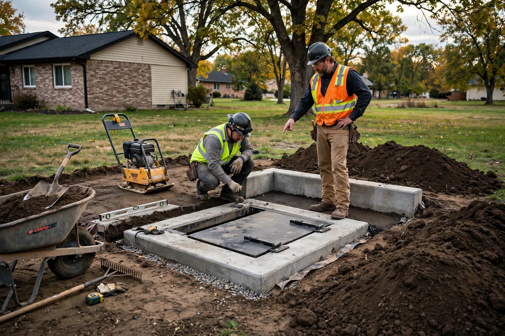 Compacted backfill and fresh topsoil surrounding a newly installed concrete shelter entry