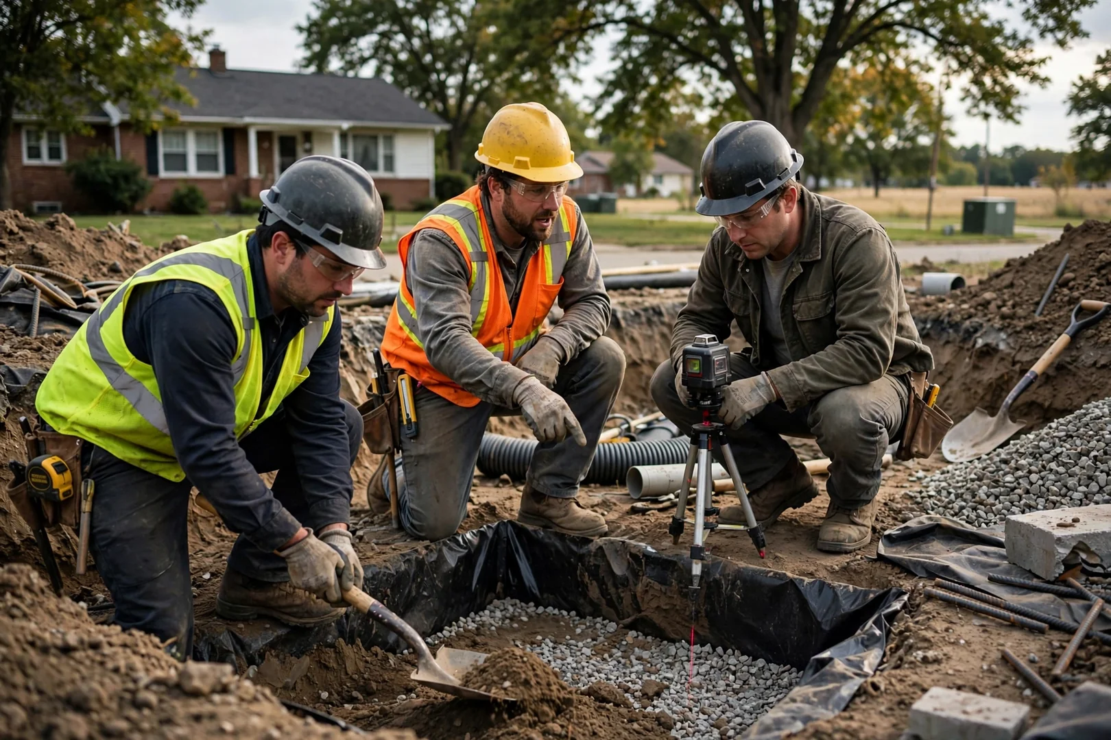 Storm shelter crew wearing hard hats and eye protection during excavation in Topeka