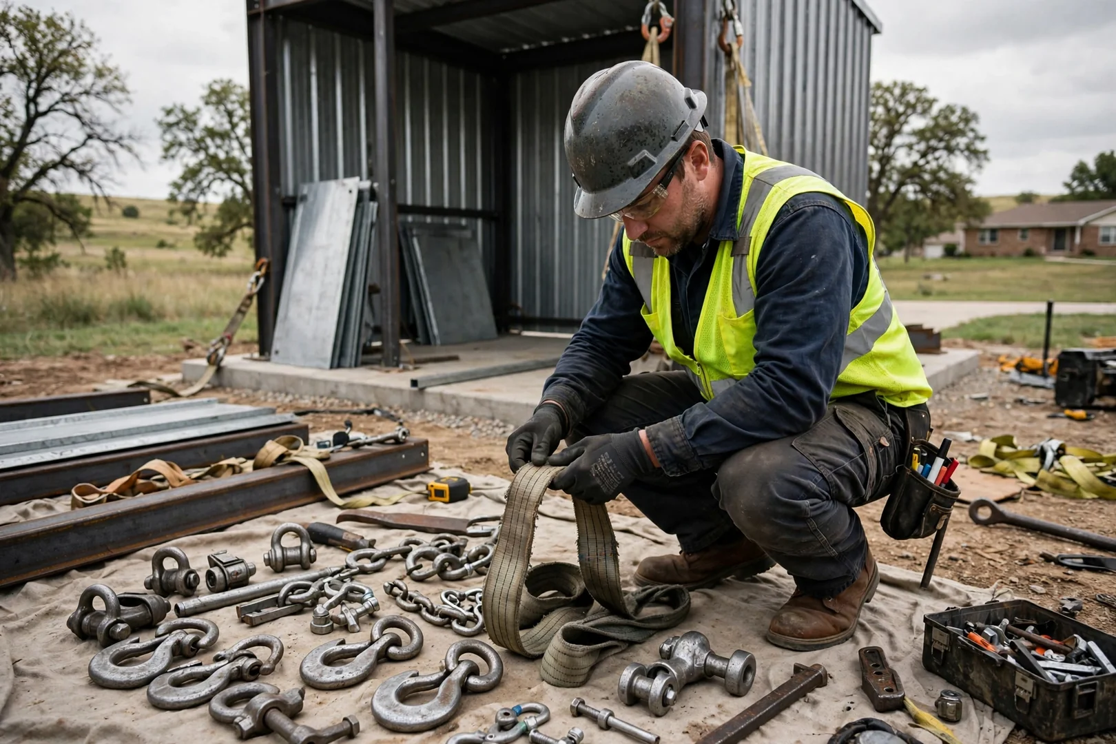 Technician inspecting lifting straps and rigging hardware before setting a steel shelter
