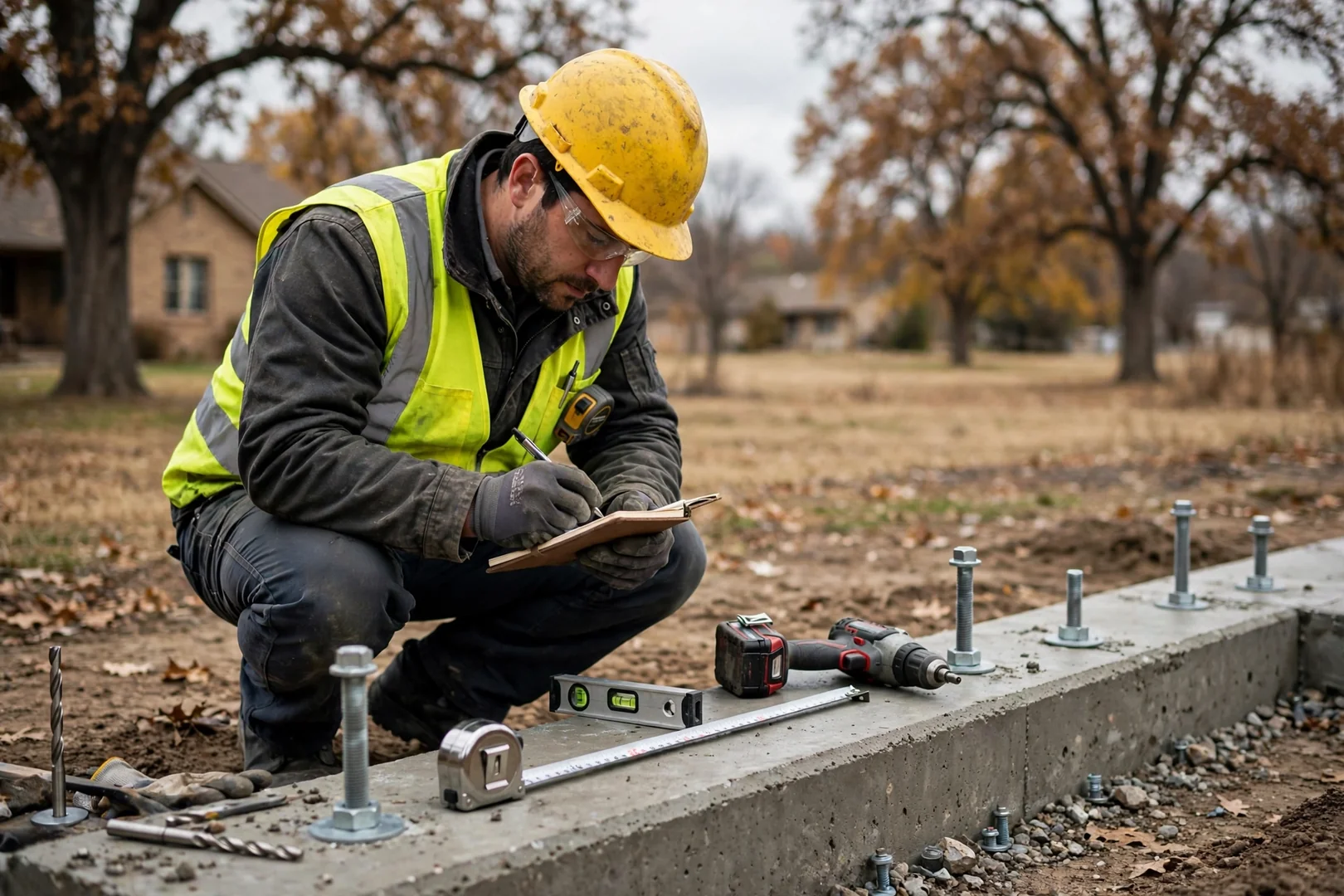Installer documenting anchor placement on a concrete storm shelter foundation