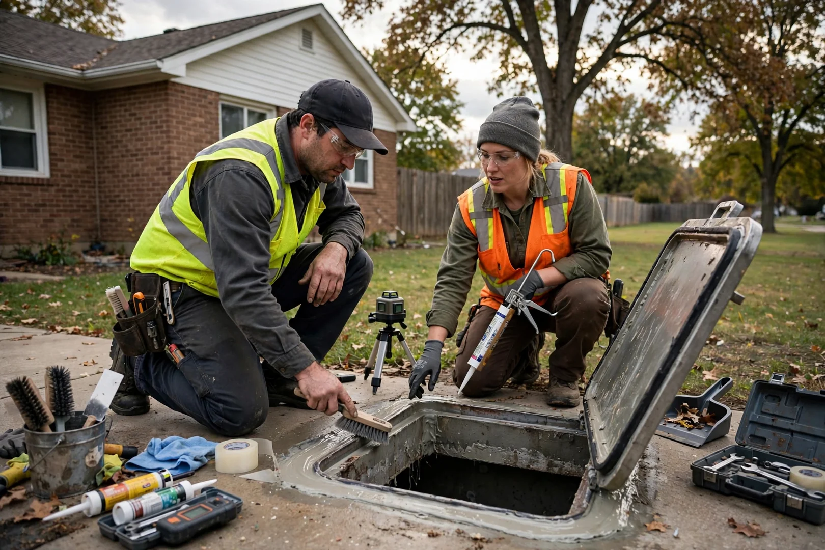Crew inspecting anchor bolts on an installed storm shelter