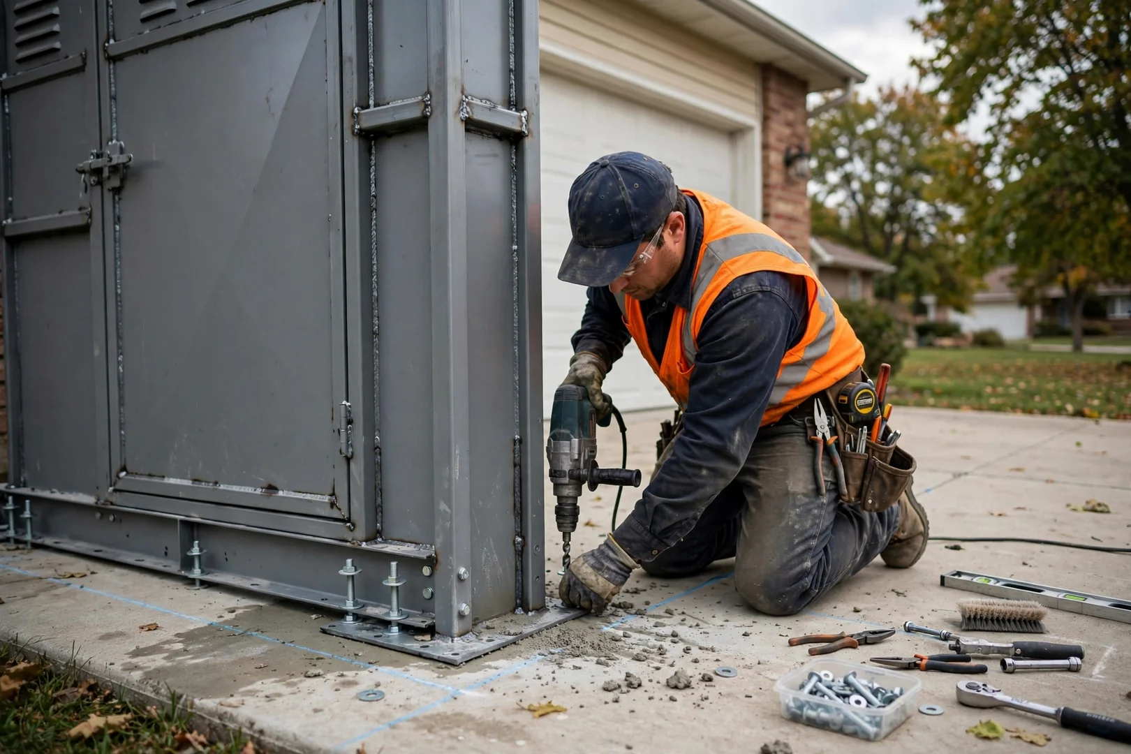 Installer anchoring a steel above-ground storm shelter to a garage slab in Topeka