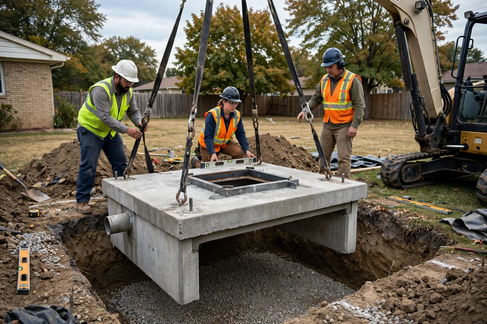 Crew lowering a precast concrete underground storm shelter into an excavated backyard site