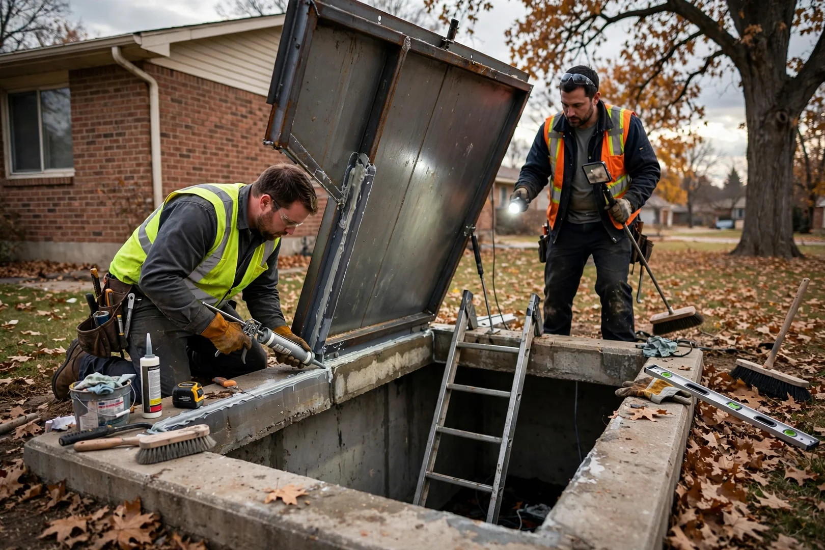 Excavated site prepared for underground storm shelter installation at a Topeka home