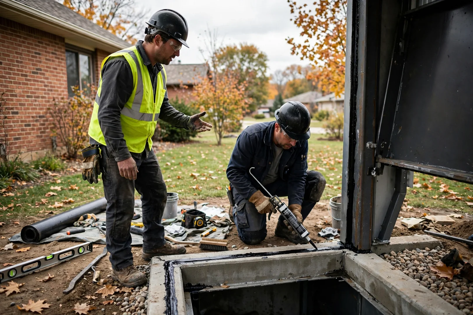 Technician inspecting the hatch seal on an underground storm shelter