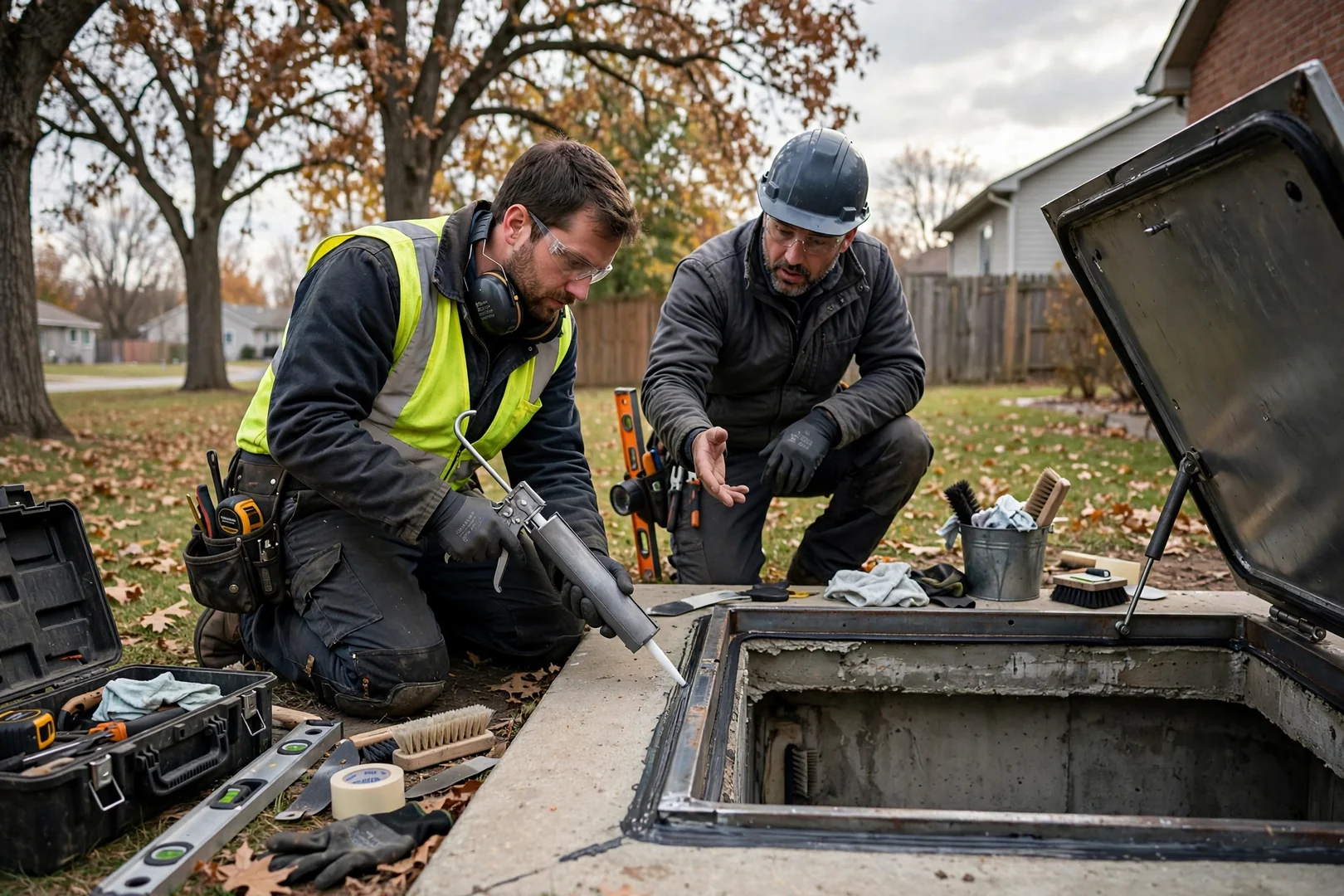 Crew lowering an underground storm shelter into a backyard excavation pit