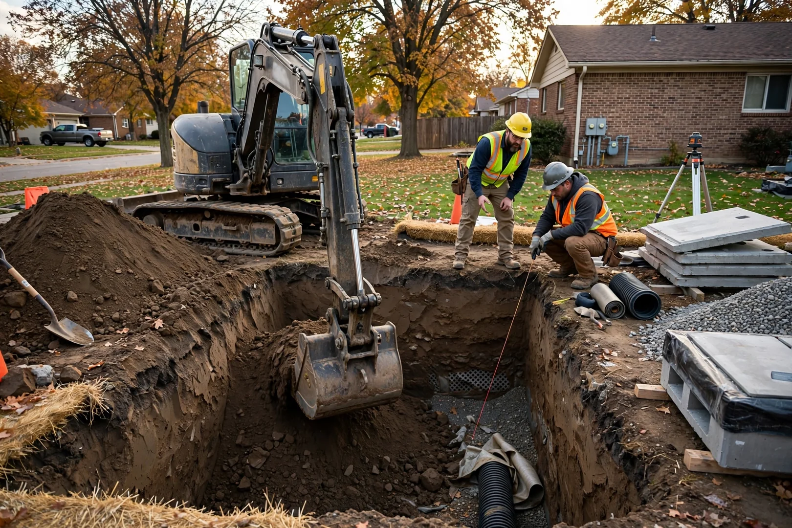 Excavator digging a deep pit for an underground storm shelter on a residential lot