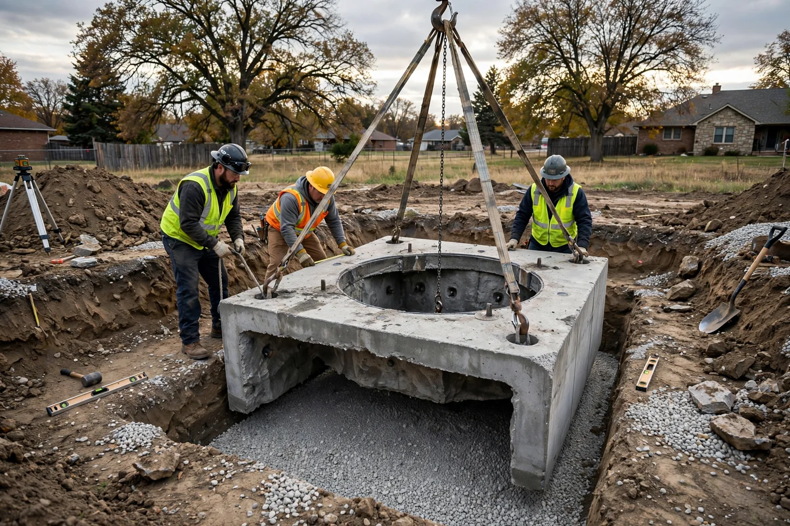 Crew lowering a precast underground shelter onto a prepared compacted gravel base