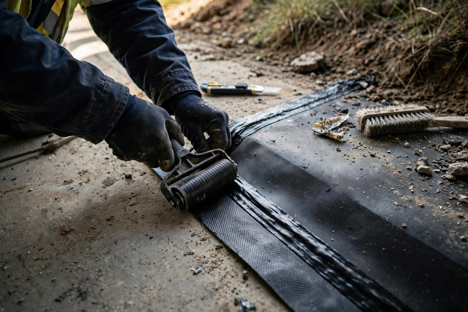 Close-up of sealed seams and waterproof membrane on an underground storm shelter