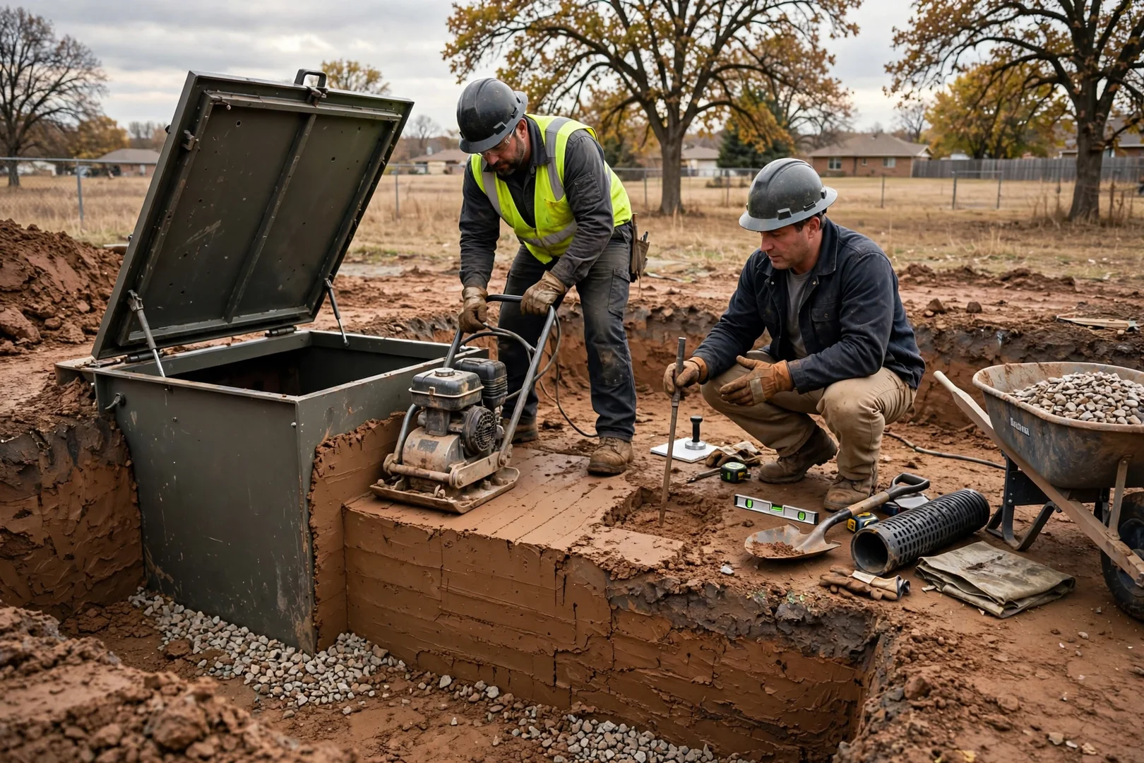 Compacted backfill around a newly installed underground shelter in Topeka clay soil