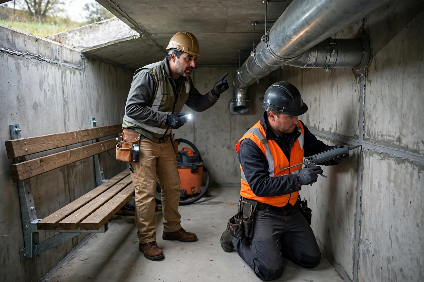 Interior of an underground storm shelter with bench seating and a ventilation pipe